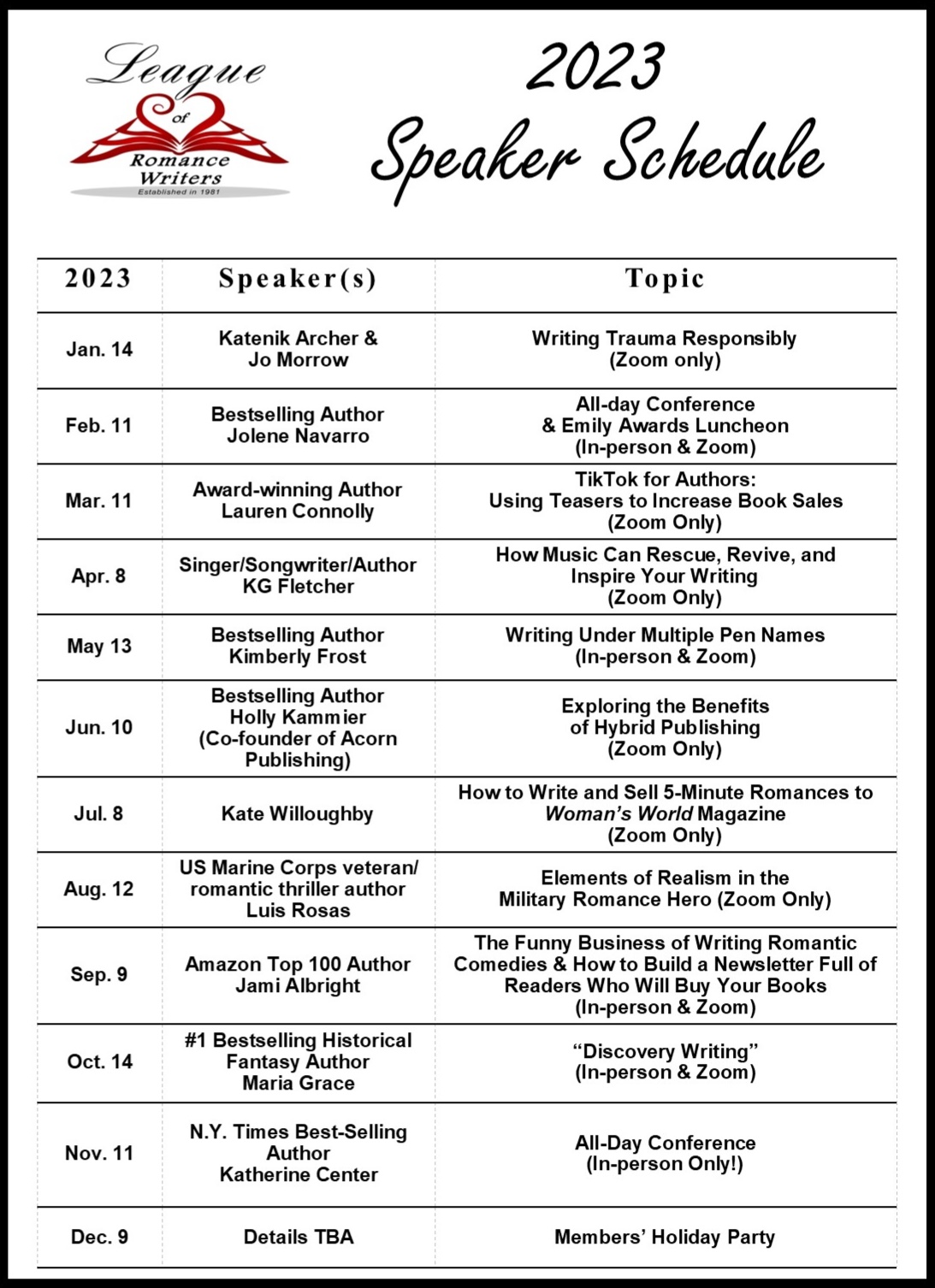 Speaker Schedule League of Romance Writers